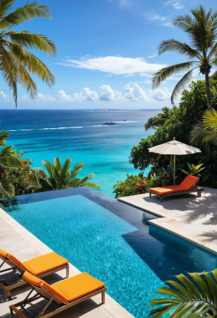 A stunning poolside scene featuring an inviting infinity pool surrounded by lush tropical plants, with vibrant colors of various swimwear laid out on sun loungers. In the background, a view of a tropical paradise with golden sands and a clear blue ocean. Include sun hats, sunglasses, and refreshing cocktails to evoke a summer vibe. The atmosphere should be warm and lively, capturing the essence of summer escapades. super-realistic. vibrant colors. tropical theme.