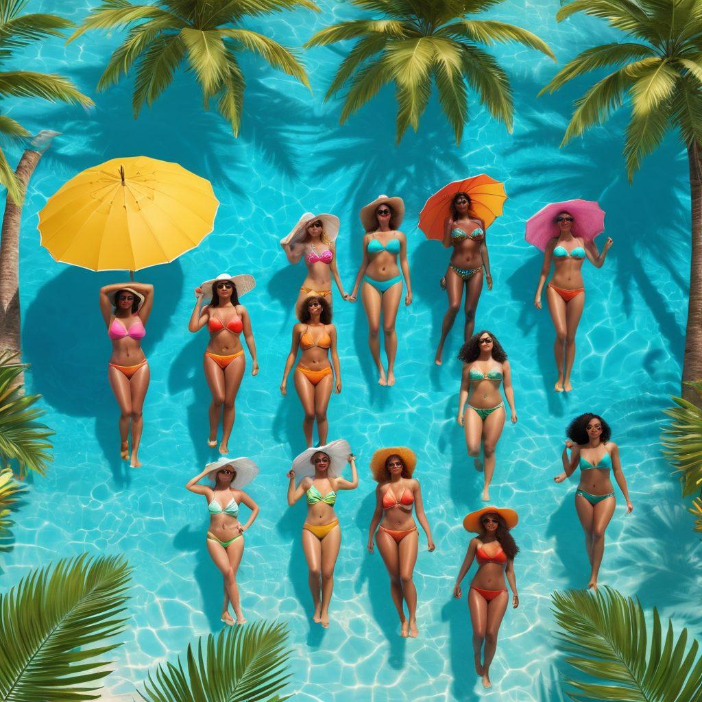 A sun-soaked beach scene featuring diverse women of various body types showcasing the latest bikini styles, vibrant swimwear, and stylish beach accessories. Include colorful beach umbrellas, tropical palm trees, and crystal clear blue water in the background. Capture the essence of summer fun and fashion in an inviting atmosphere. super-realistic. vibrant colors. 3D.